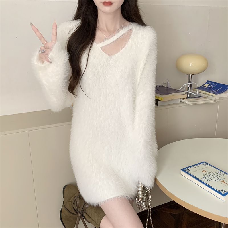 Sweater Women's 2023 Autumn and Winter New Korean Style Loose Imitation Mink Fur Soft and Waxy Mid-Length White Furry Sweater
