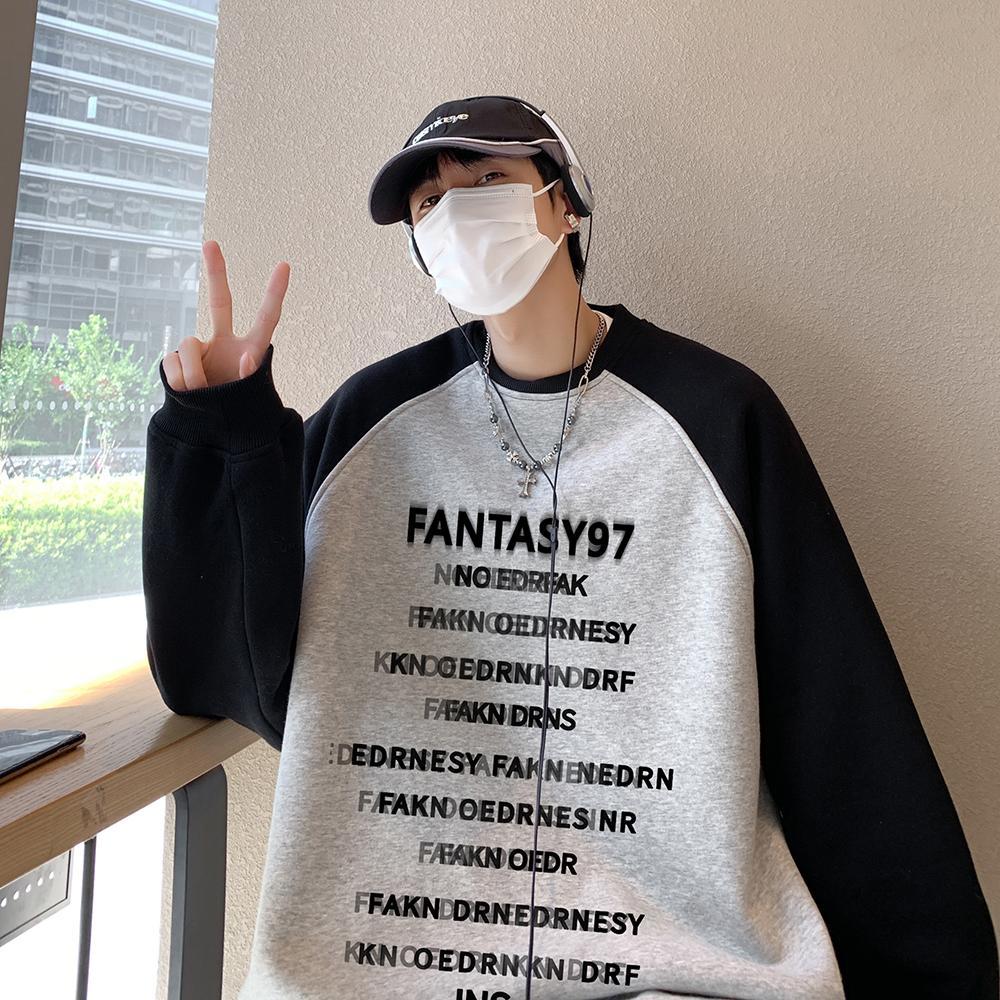 字母印花圓領衛衣男秋季潮牌重磅寬鬆無帽套頭上衣服美式復古外套