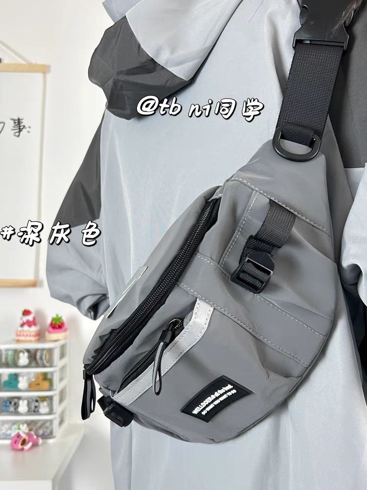 韓版INS運動風反光騎行胸包斜挎包 女街拍潮酷休閒工裝機能腰包男