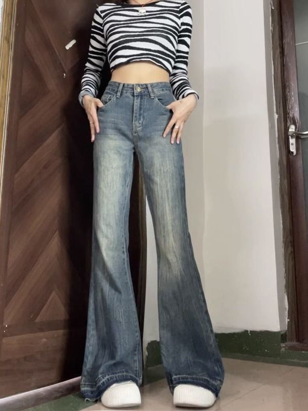 復古水洗微喇牛仔褲女2023年秋季新款美式高腰顯瘦不貼腿喇叭褲子