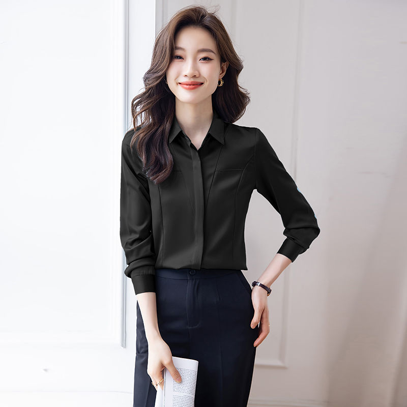 高級感黑色襯衫女春秋新款2023百搭氣質女士工裝雪紡職業襯衣長袖