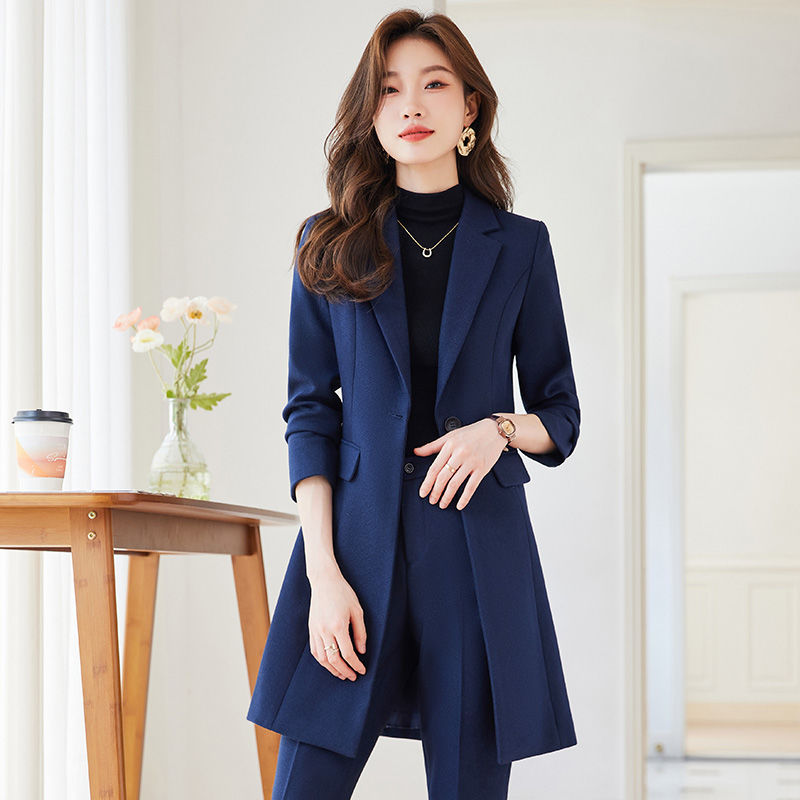 蓝色西装风衣外套女秋冬2023年新款韩版时尚气质中长款职业套装女