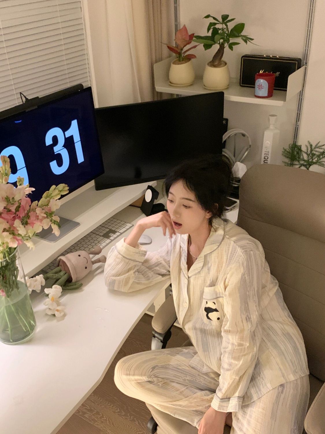 ins風甜美扎染條紋睡衣女春秋新款卡通熊貓長袖學生可外穿居家服