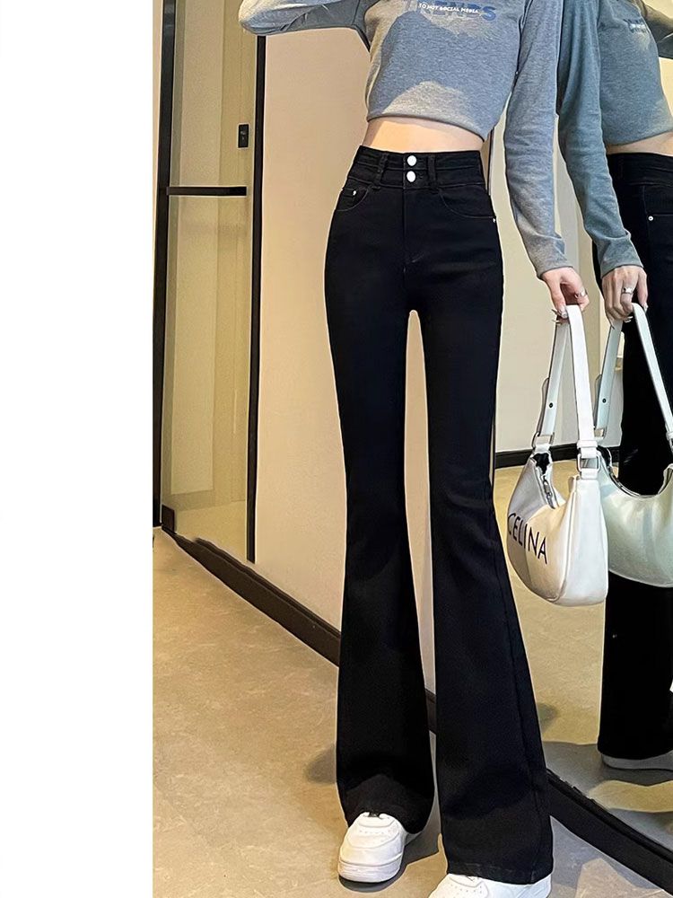 YSYOURS黑色高腰微喇牛仔褲女小個子修身顯瘦彈力馬蹄喇叭褲秋季