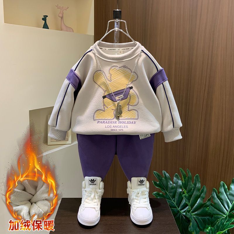 男童加絨衛衣套裝2023新款潮寶寶秋冬裝加厚衣服兒童帥氣冬季童裝