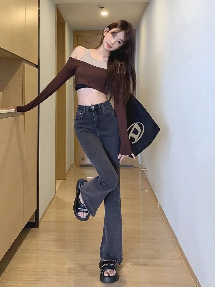 灰色微喇叭牛仔褲女2023春秋季高個子加長高腰顯瘦毛邊修身馬蹄褲