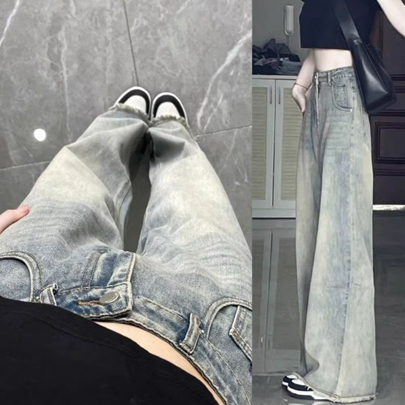 美式復古毛邊闊腿牛仔褲女秋季新款寬鬆直筒高腰顯瘦垂感拖地褲子