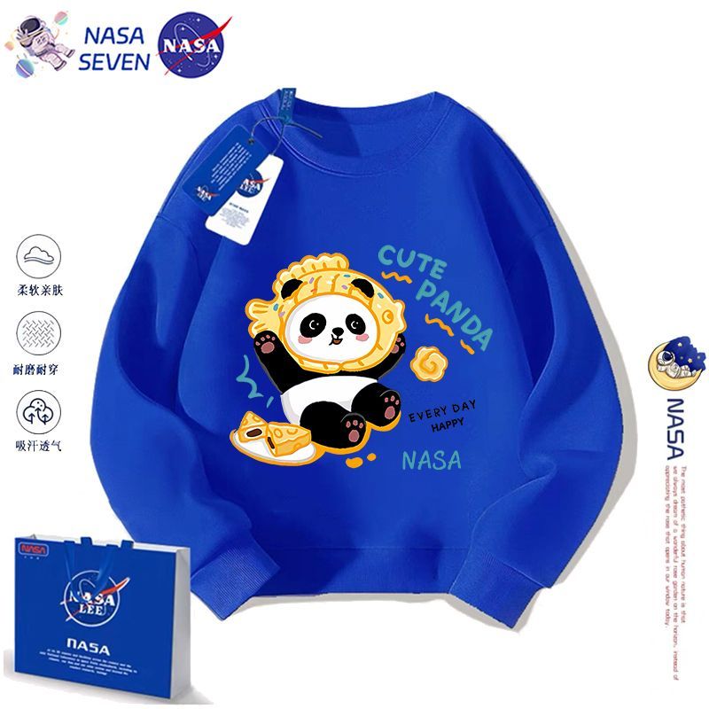 NASA co-branded cartoon panda children's sweatshirt, fashionable autumn and winter pure cotton long-sleeved boys and girls cute medium and large children's clothing