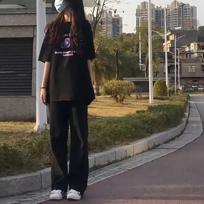 秋季韓版ins復古寬鬆高腰直筒牛仔褲女顯瘦顯高闊腿黑色拖地褲潮