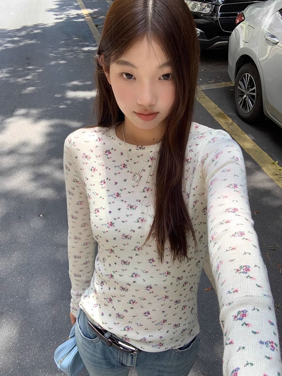 軟糯碎花長袖針織衫螺紋秋季新款韓系百搭修身顯瘦打底外穿上衣女