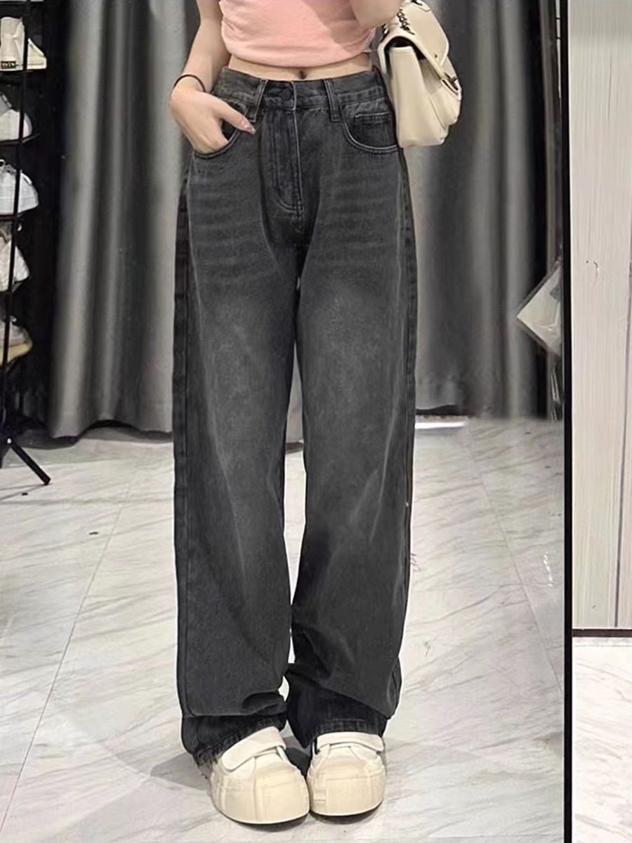 美式復古水洗黑色闊腿牛仔褲女秋季新款寬鬆顯瘦垂感直筒拖地褲子