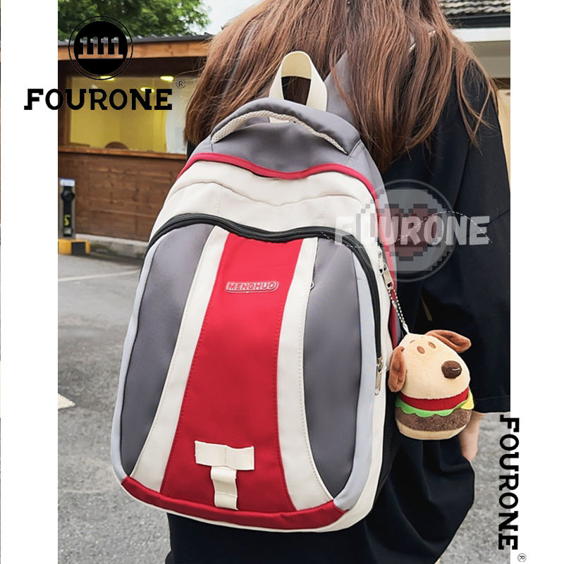 美式复古拼色设计大学生书包大容量双肩包旅行运动背包