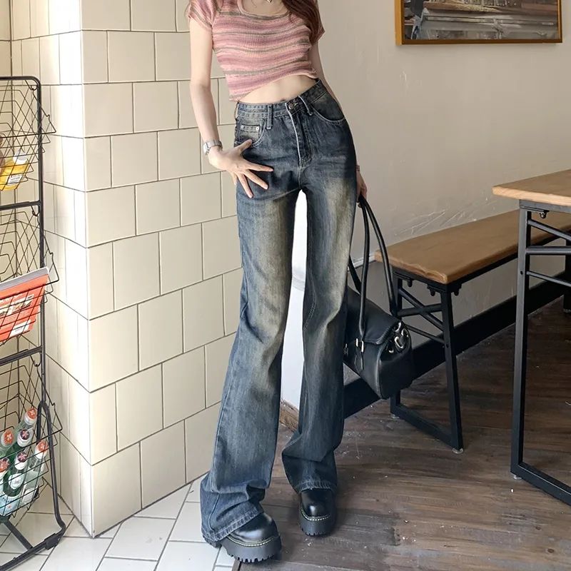 復古藍美式牛仔褲女辣妹微喇叭高腰秋冬季新款拖地馬蹄長褲子百搭