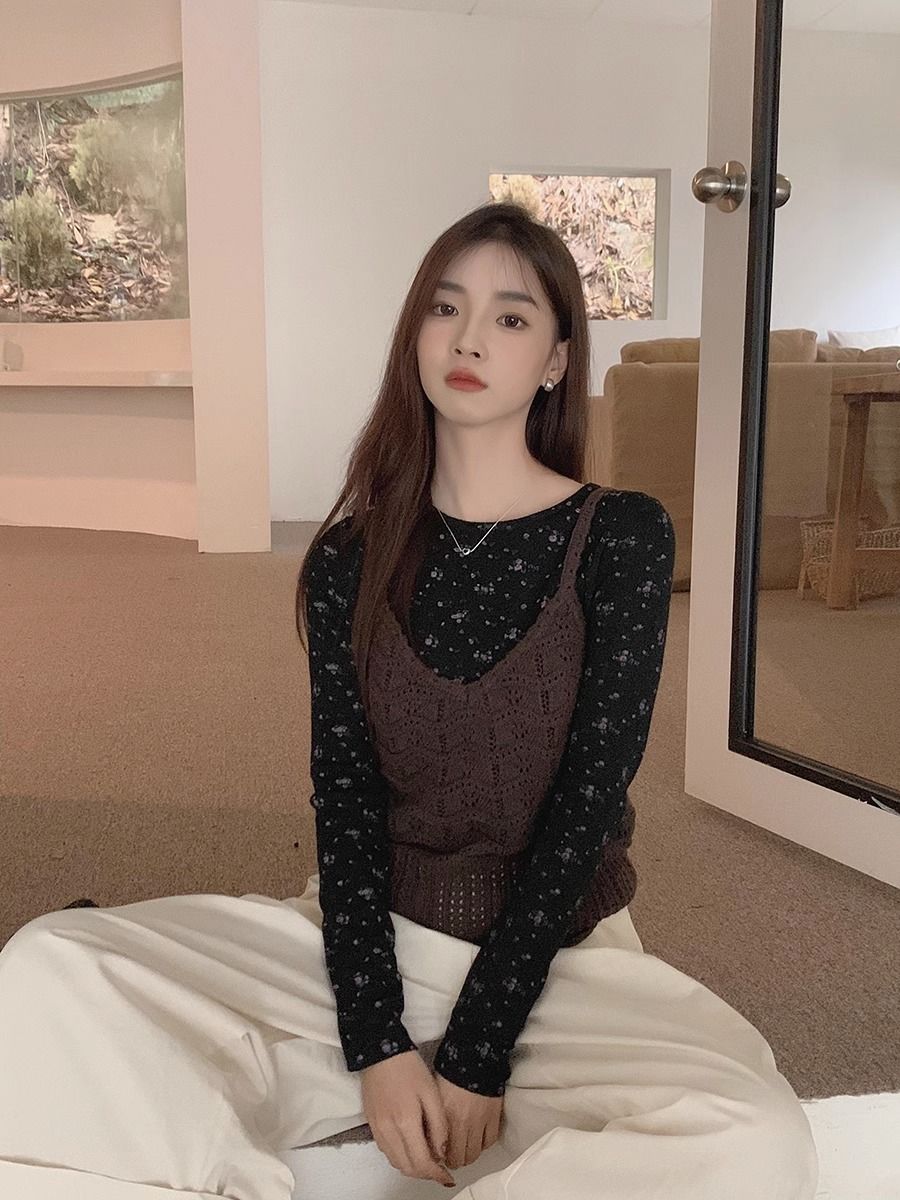 秋季新款韓版chic小清新碎花甜美減齡修身顯瘦長袖T恤打底上衣女