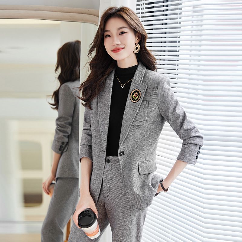 灰色格子西裝外套女士秋冬2023新款休閒千鳥格韓版氣質小西服套裝