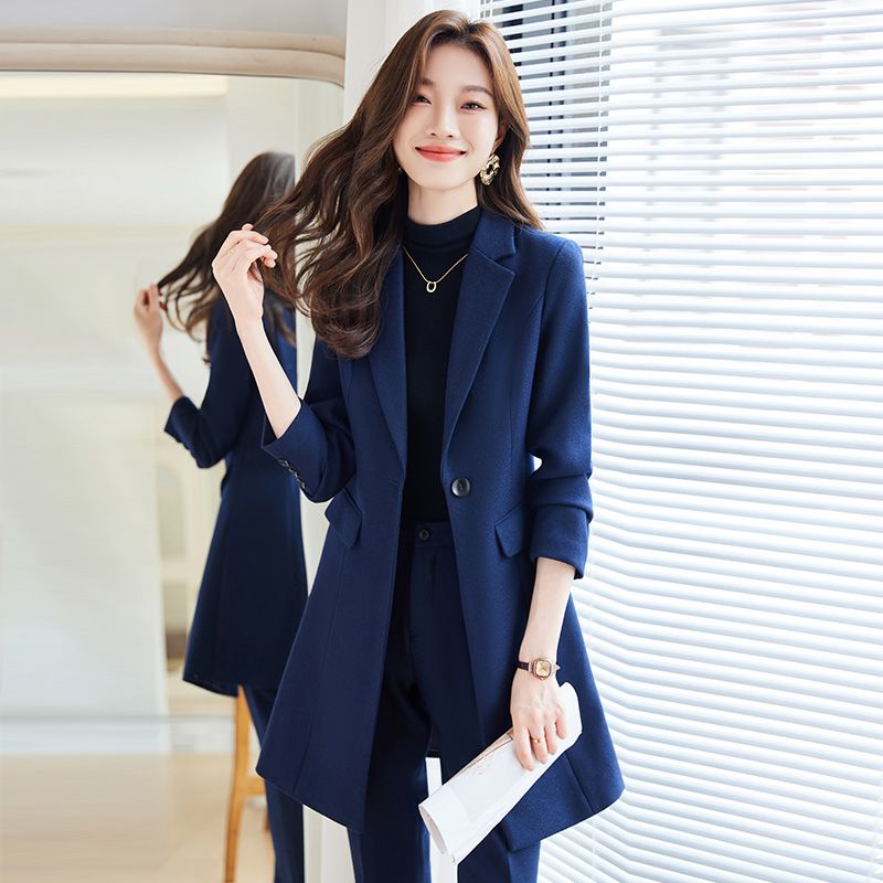 蓝色西装风衣外套女秋冬2023年新款韩版时尚气质中长款职业套装女