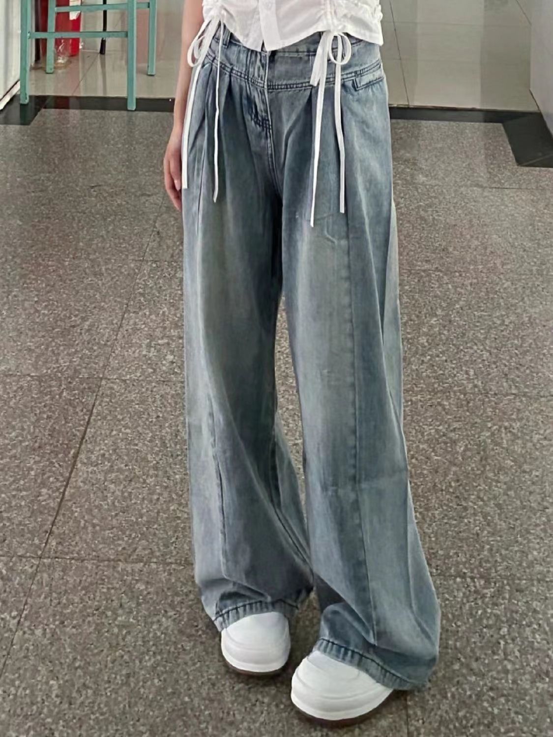 韓系復古闊腿牛仔褲女秋季新款慵懶風寬鬆直筒褲垂感百搭拖地褲子