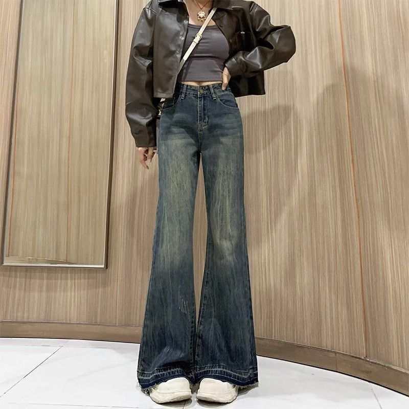 復古微喇牛仔褲女2023年新款美式高腰顯瘦不貼腿加絨喇叭褲子秋季