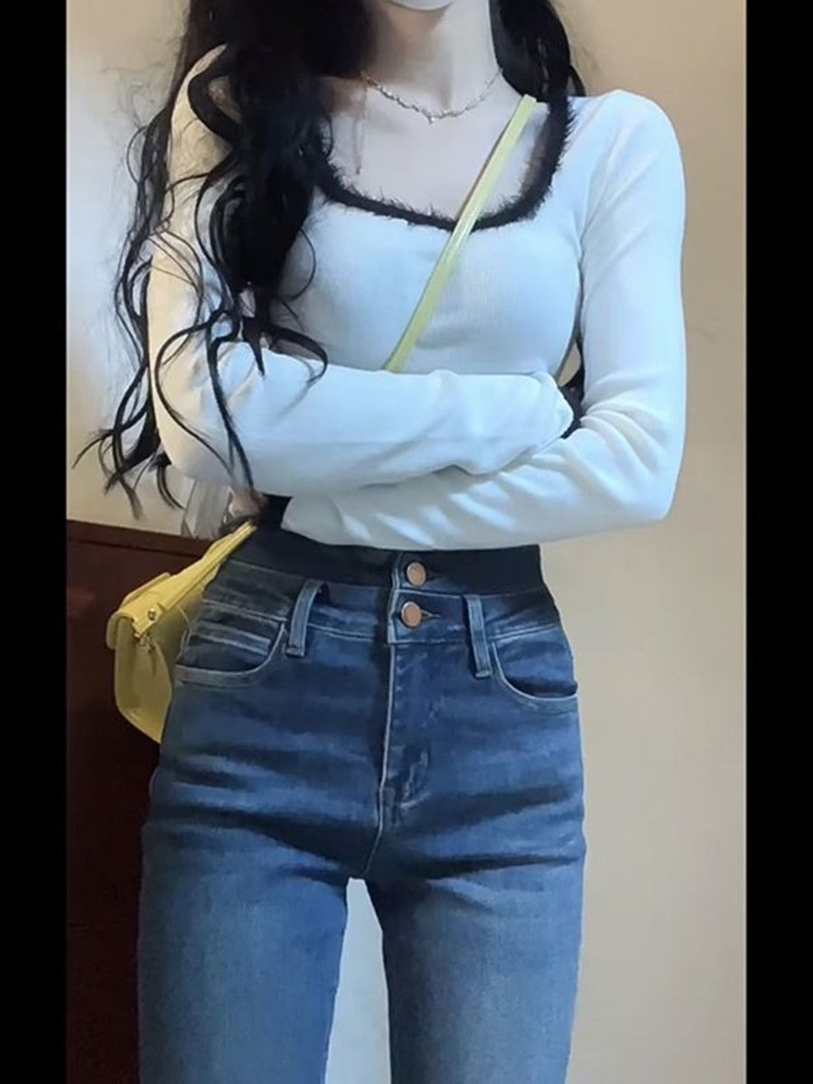 方領長袖T恤女春秋裝新款洋氣修身短款毛邊拼接百搭打底衫上衣潮