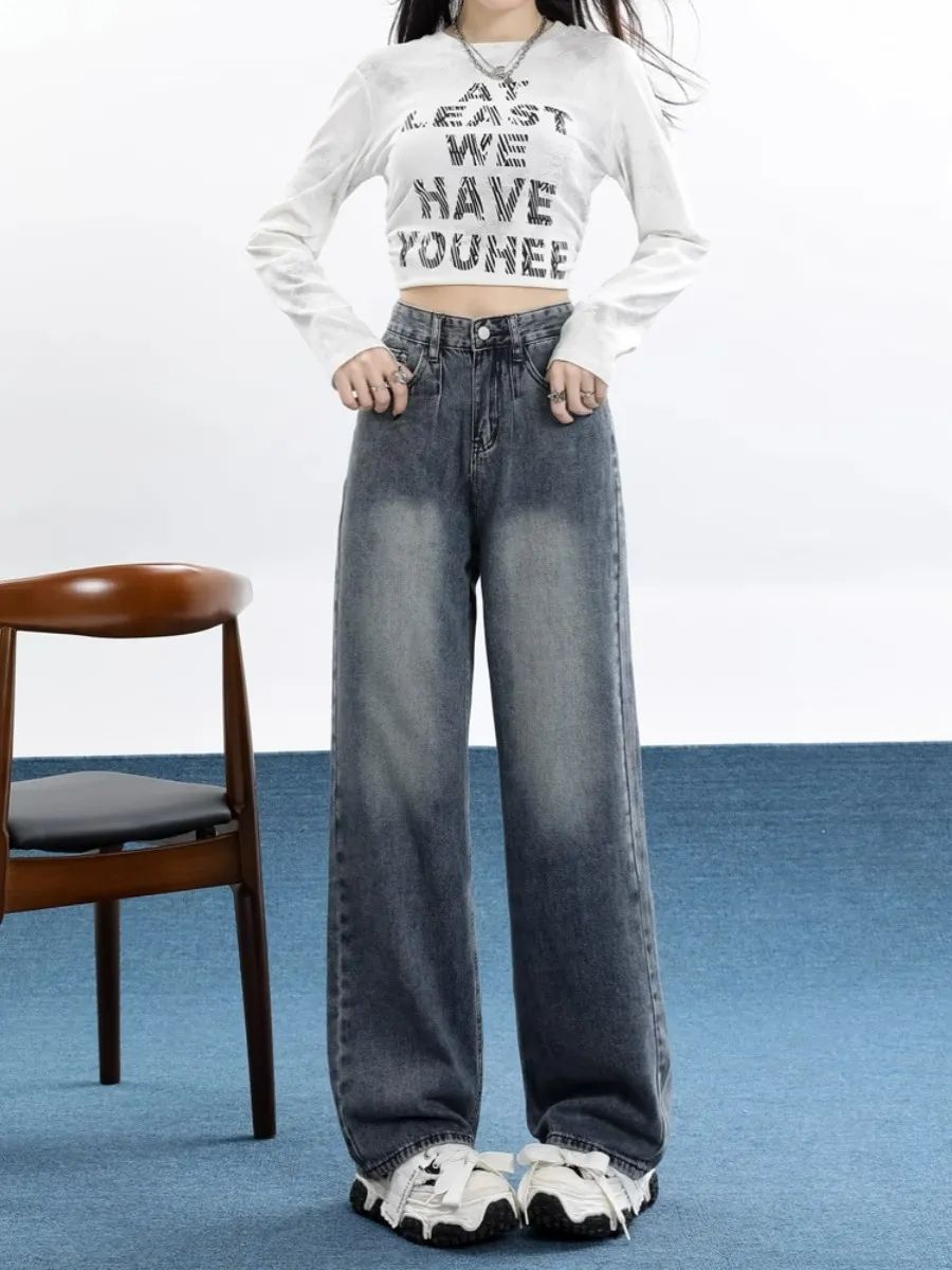 复古高腰阔腿牛仔裤女2023年秋季新款窄版直筒宽松显瘦垂感拖地裤