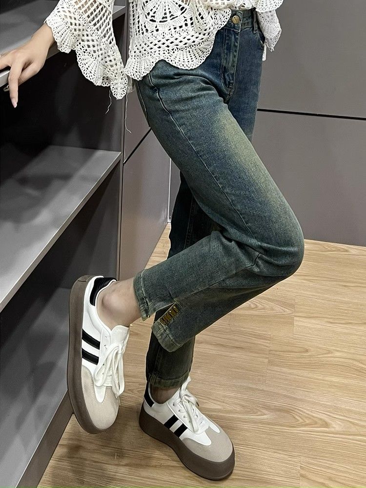 高腰直筒牛仔褲女法棍秋季大碼胖mm梨型身材修身顯瘦分叉煙管褲