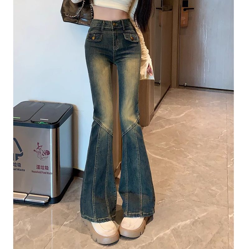 復古做舊微喇牛仔褲女秋季小個子高腰顯瘦彈力直筒馬蹄長褲ins潮