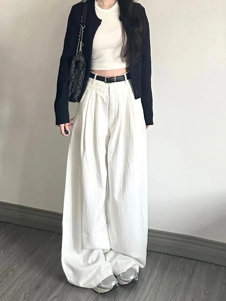 White wide-leg jeans for women, new fall style, loose, flesh-covering, slimming, high-waisted, versatile straight-leg drapey floor-length pants