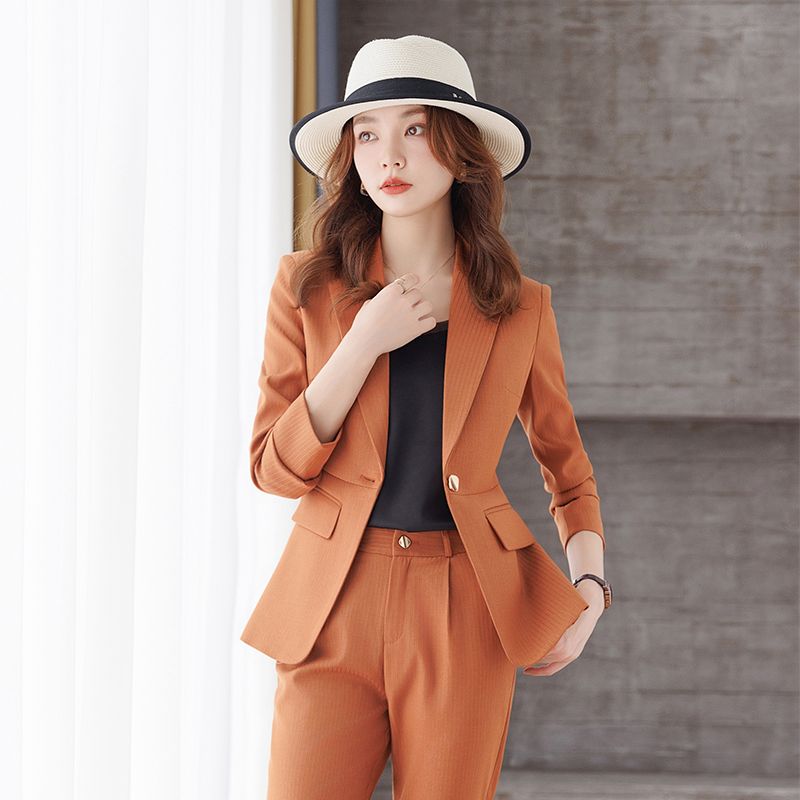 High-end orange blazer women's autumn and winter 2023 new fashionable temperament goddess style two-piece professional suit