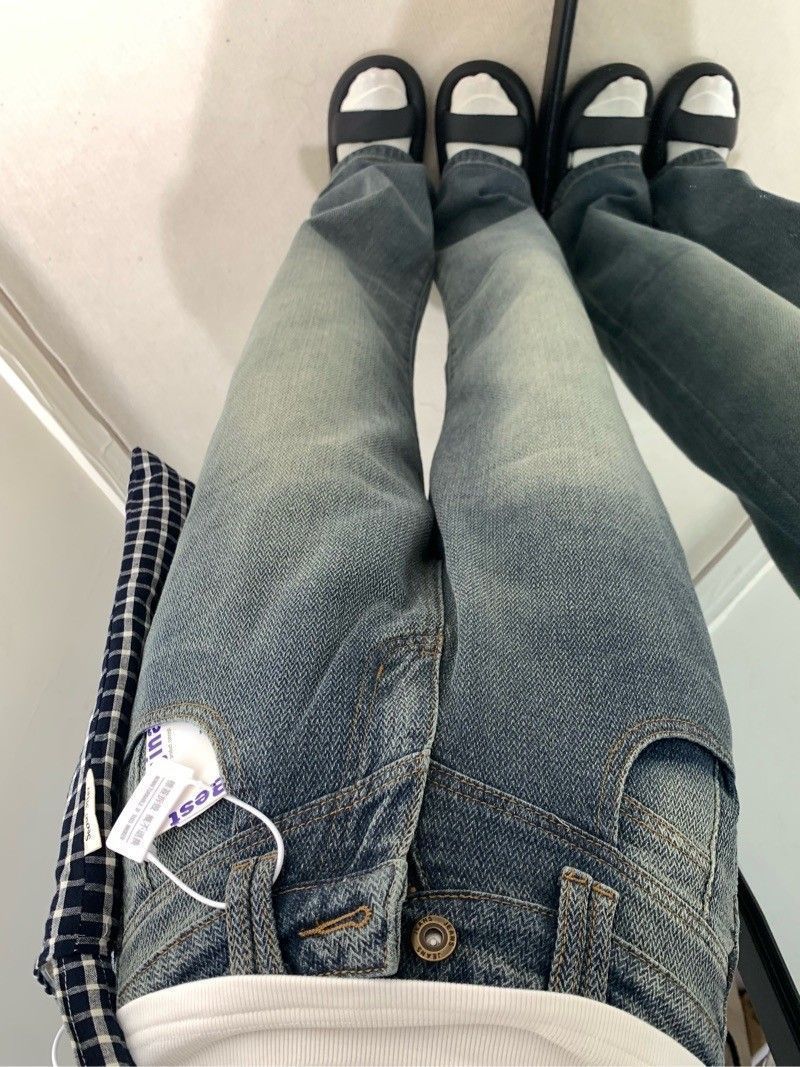 懷舊藍闊腿牛仔褲女韓版秋季新款寬鬆垂感星空紋高腰顯瘦拖地褲
