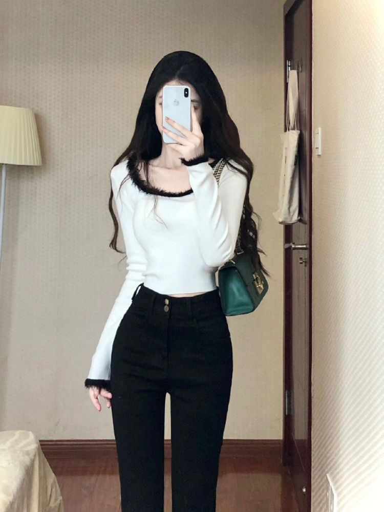 方領長袖T恤女春秋裝新款洋氣修身短款毛邊拼接百搭打底衫上衣潮