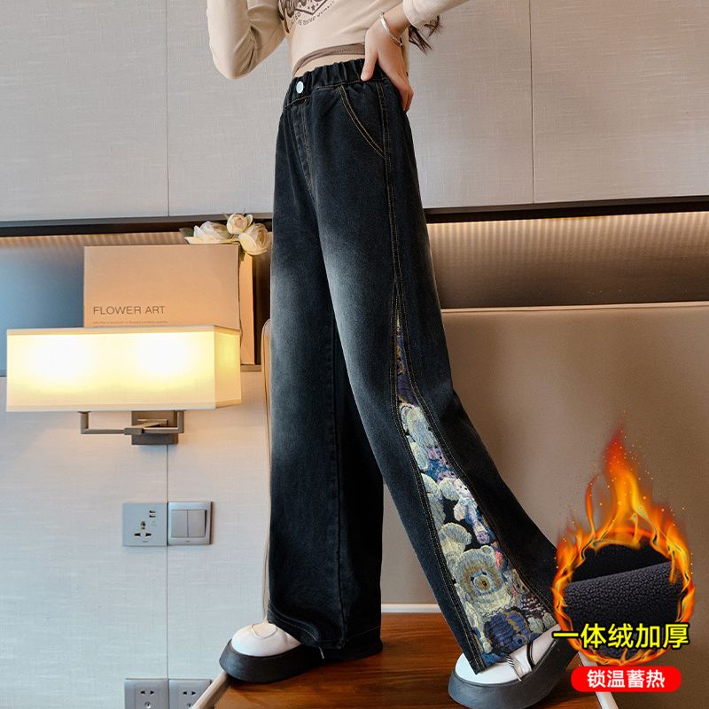 女童牛仔褲秋冬2023新款兒童冬季加絨復古闊腿褲中大童一體絨長褲