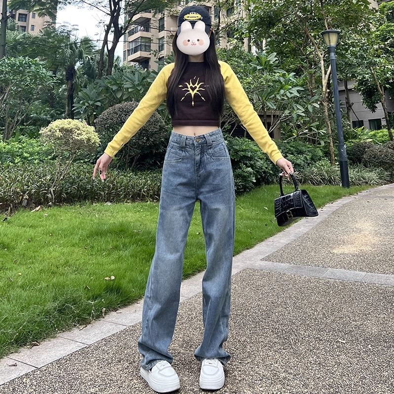復古藍闊腿牛仔褲女2023秋季新款高腰顯瘦寬鬆垂感拖地窄版直筒褲