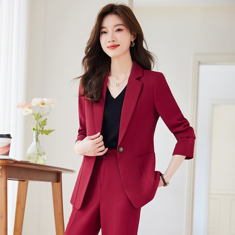 酒紅色西裝外套女新款工裝女神范氣質休閒職業裝工作服西服套裝女