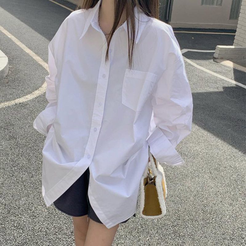 襯衣女慵懶韓系穿搭polo領白色襯衫氣質百搭休閒寬鬆春秋長袖上衣