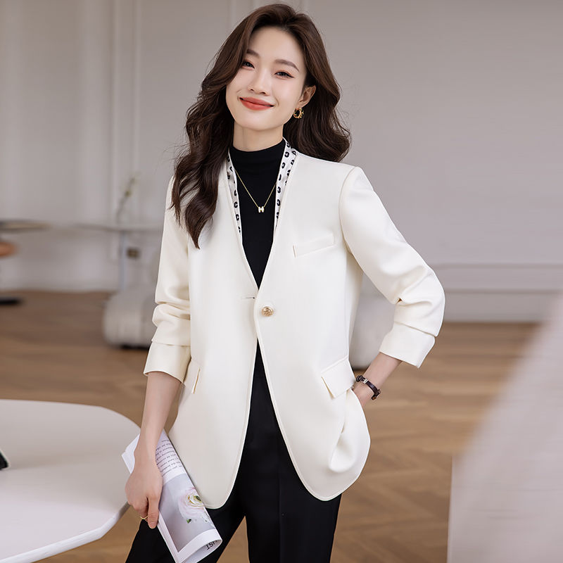 無領白色西裝外套女秋冬2023新款V領上衣氣質韓版休閒西服高級感