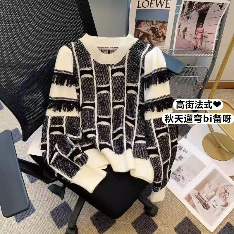 2023秋冬新款法式復古設計感小眾慵懶風寬鬆流蘇針織衫套頭毛衣女