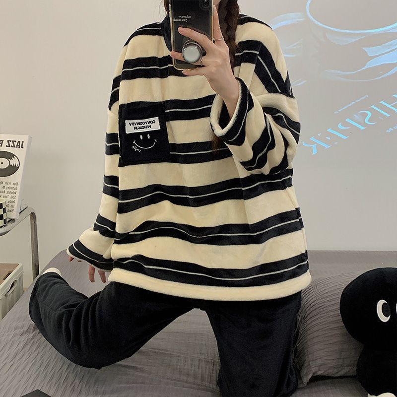 2023年新款條紋法蘭絨睡衣女秋冬季加絨加厚外穿珊瑚絨家居服套裝