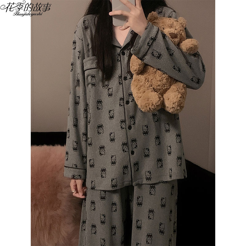 花季的故事德絨女士睡衣春秋季長袖長褲簡約舒適卡通凱蒂貓家居服