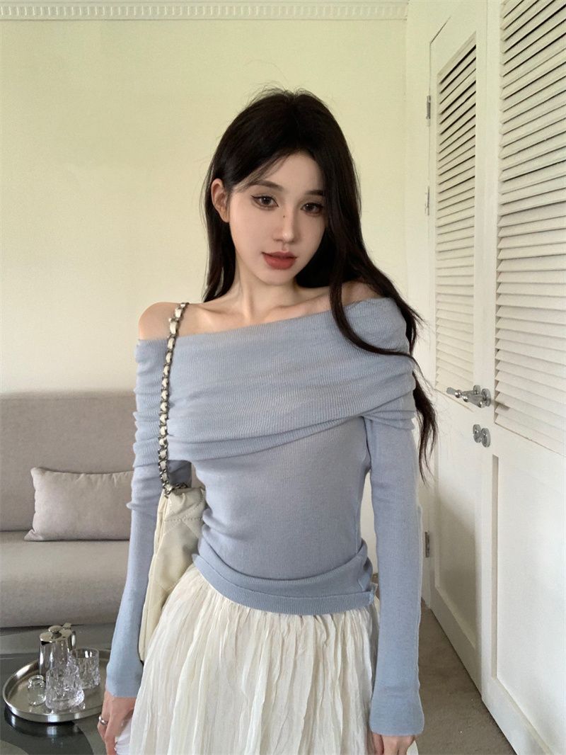 藍色一字肩鎖骨針織毛衣女秋季薄款長袖打底衫修身緊身純欲風上衣
