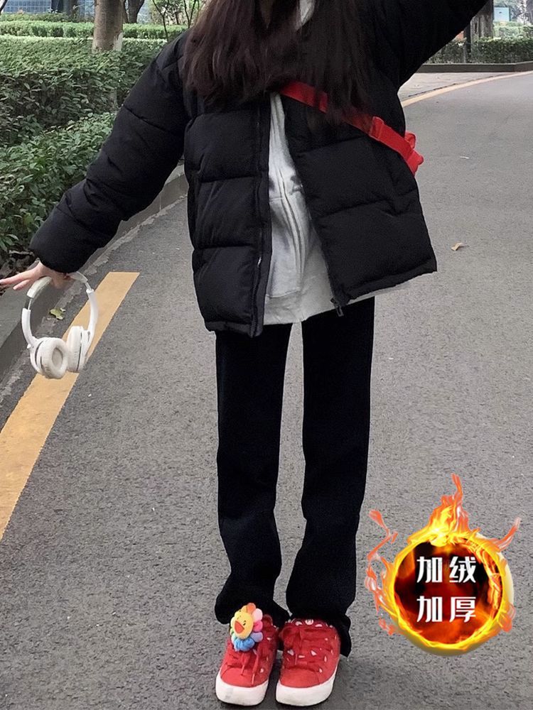 黑色高腰窄版牛仔褲高腰女秋冬加絨加厚小個子修身顯瘦直筒堆堆褲