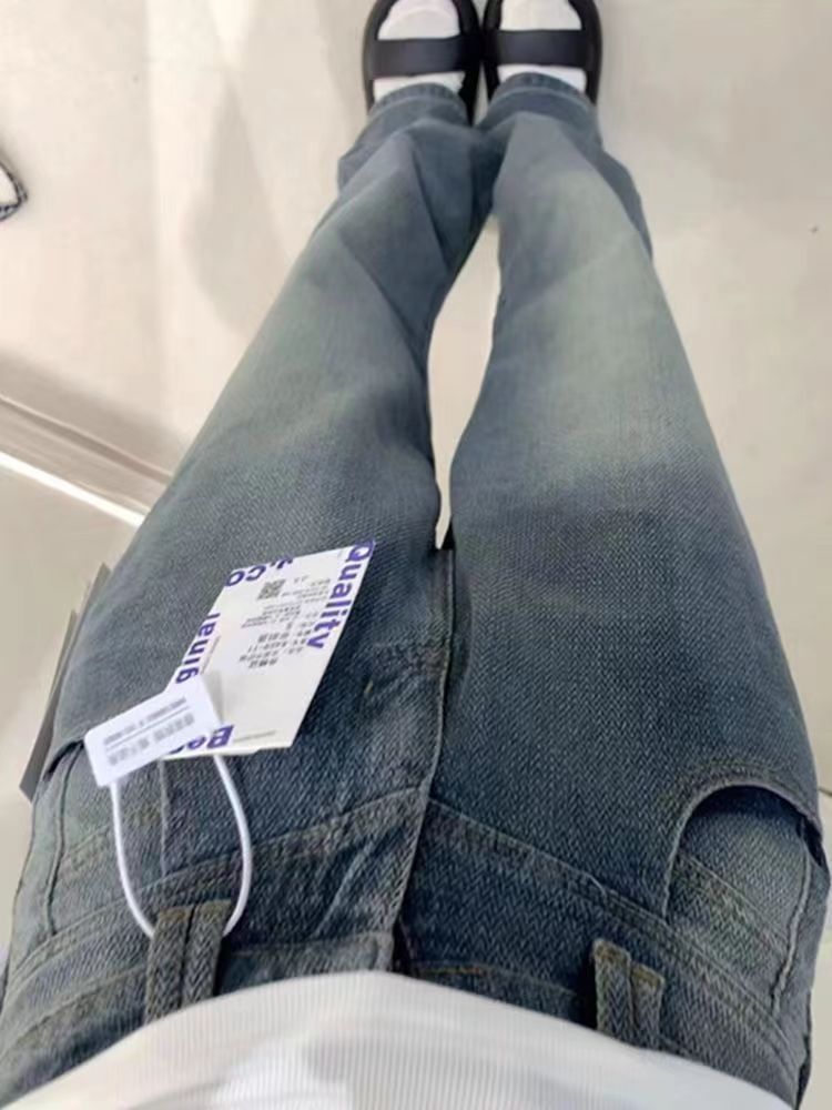 復古星空紋闊腿牛仔褲女秋季新款設計感高腰寬鬆顯瘦直筒拖地褲子