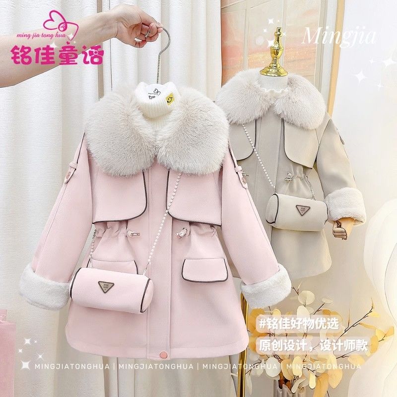 Girls' parkas winter clothes  new winter style medium and large children's style plus velvet thickened jackets children's fashionable leather jackets