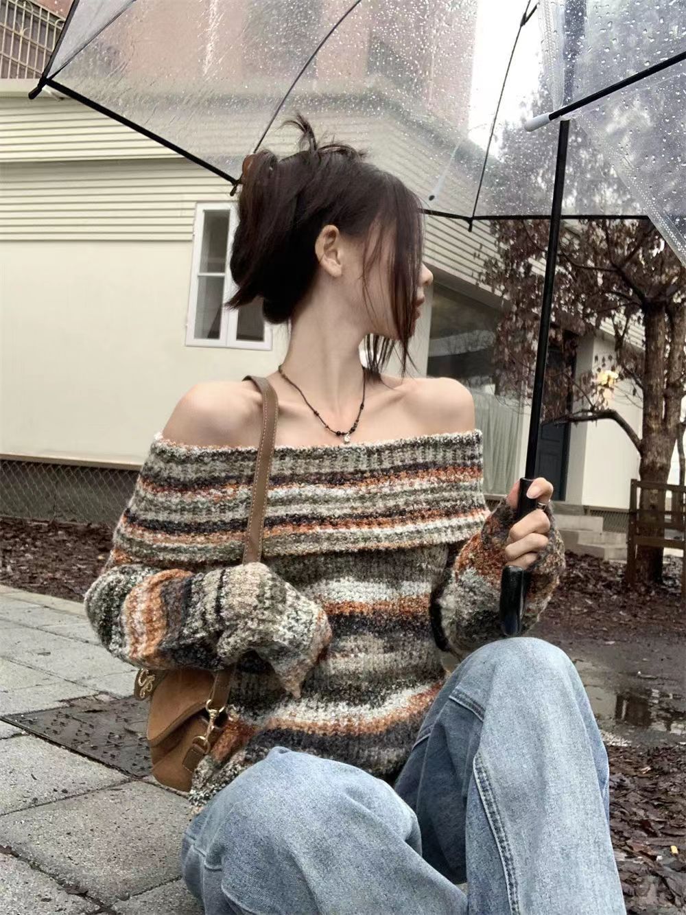 復古花色一字領毛衣慵懶女內搭設計感法式針織衫露肩上衣秋季辣妹