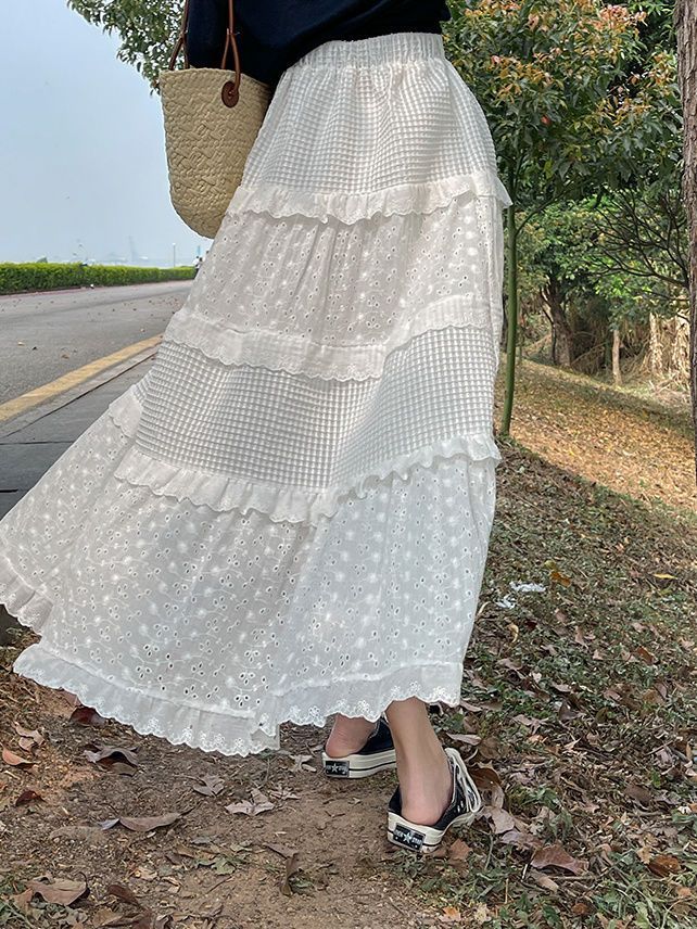 筱姿韩系高腰显瘦设计感白色蛋糕裙新款度假风蕾丝修身长款半身裙