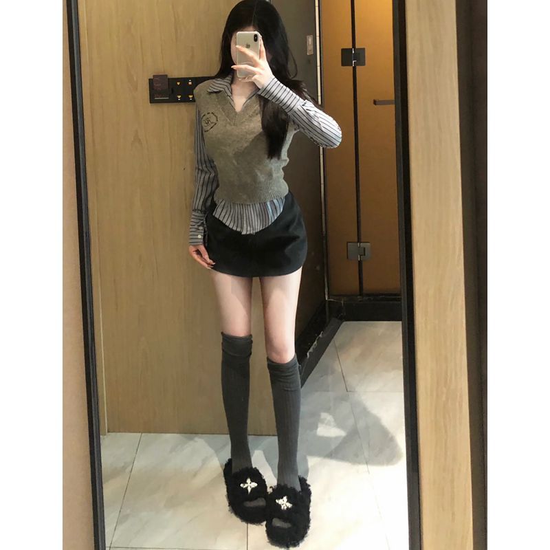【三件套裝】學院風V領短款針織毛衣馬甲女+條紋襯衫+高腰半身裙