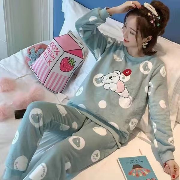 Pajamas for women in autumn and winter thickened coral velvet sweet cartoon cute casual ladies student home clothes two-piece set