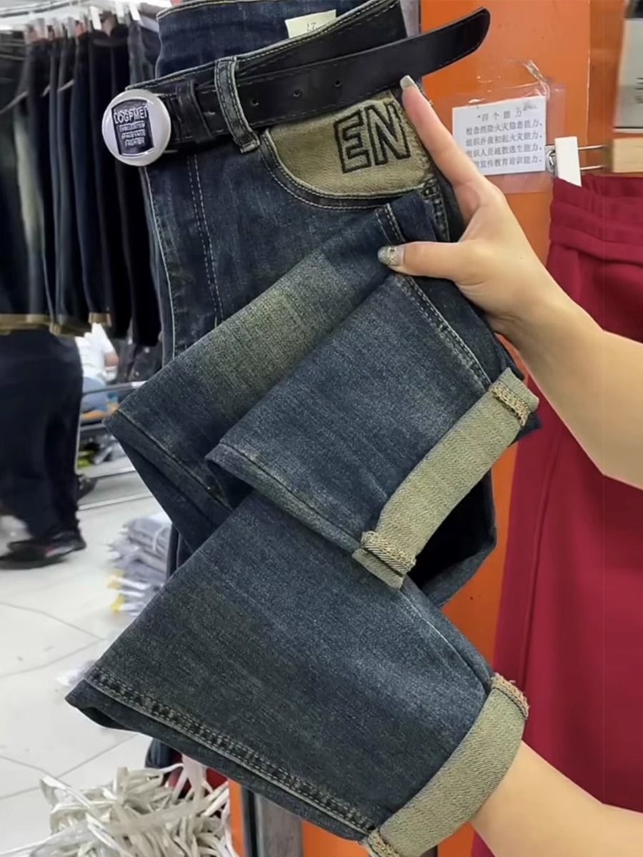 復古高腰哈倫牛仔褲女2023秋季新款大碼胖妹妹寬鬆顯瘦九分老爹褲