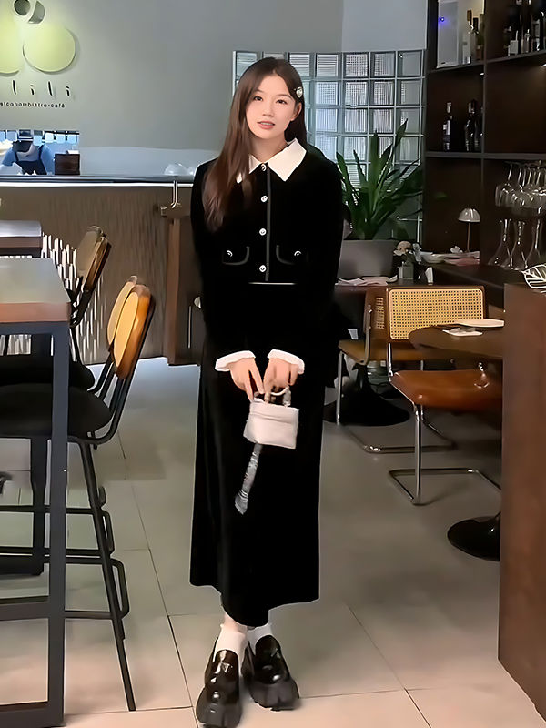 套裝女2023秋季新款小香風氣質花邊絲絨外套溫柔垂感半身裙兩件套