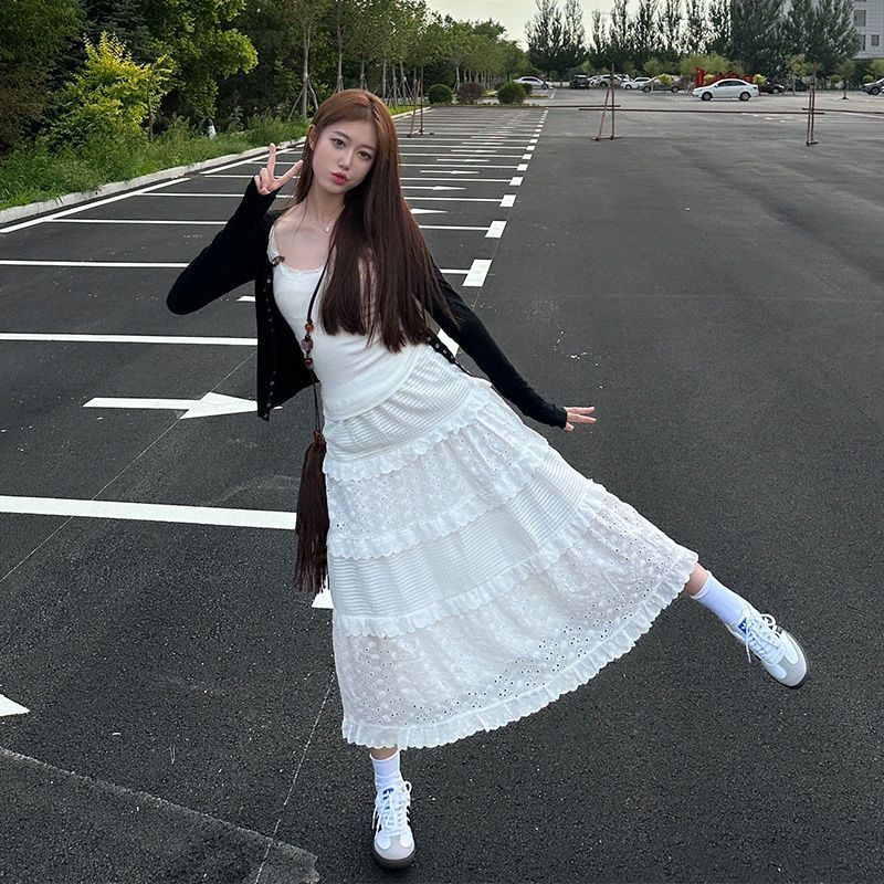 筱姿法式新款白色显瘦A字蛋糕裙高腰设计感蕾丝超仙长款半身裙子