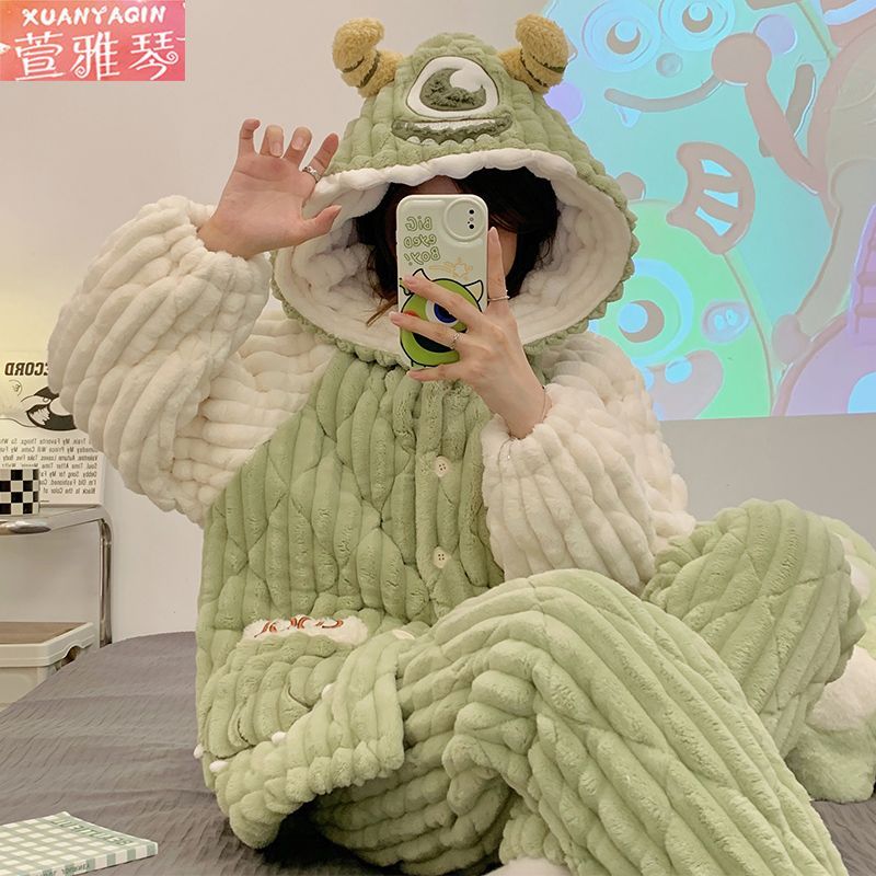 睡衣女冬季加絨加厚三層夾棉珊瑚絨2023新款高顏值大碼家居服套裝